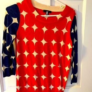 J Crew merino wool sweater 3/4 sleeve; blue and reddish- orange polka dots.